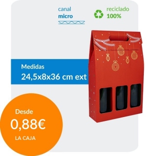 Cajas de Cartón para 3 Botellas Roja con decoración Navideña