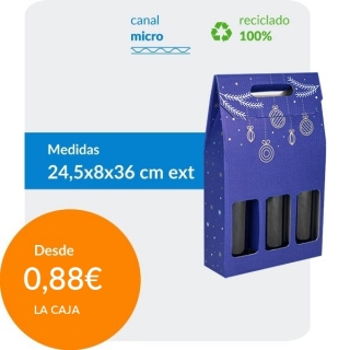 Cajas de Cartón para 3 Botellas Azul con decoración Navideña